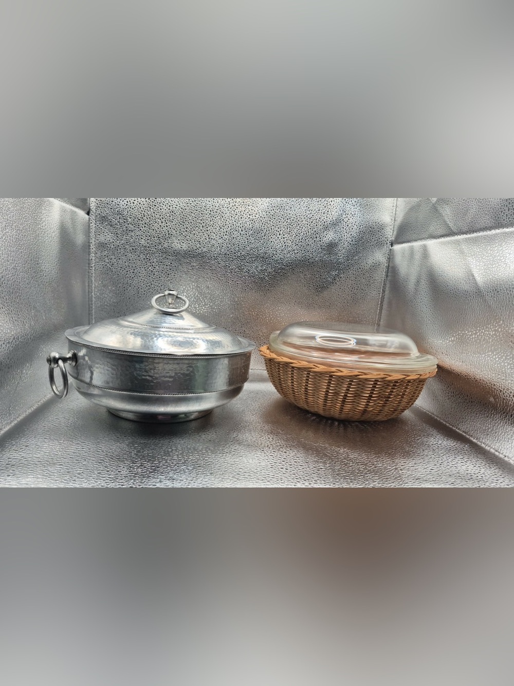 Unique Vintage Pyrex Casserole Set - Hammered Aluminum Cover And Weaved Basket